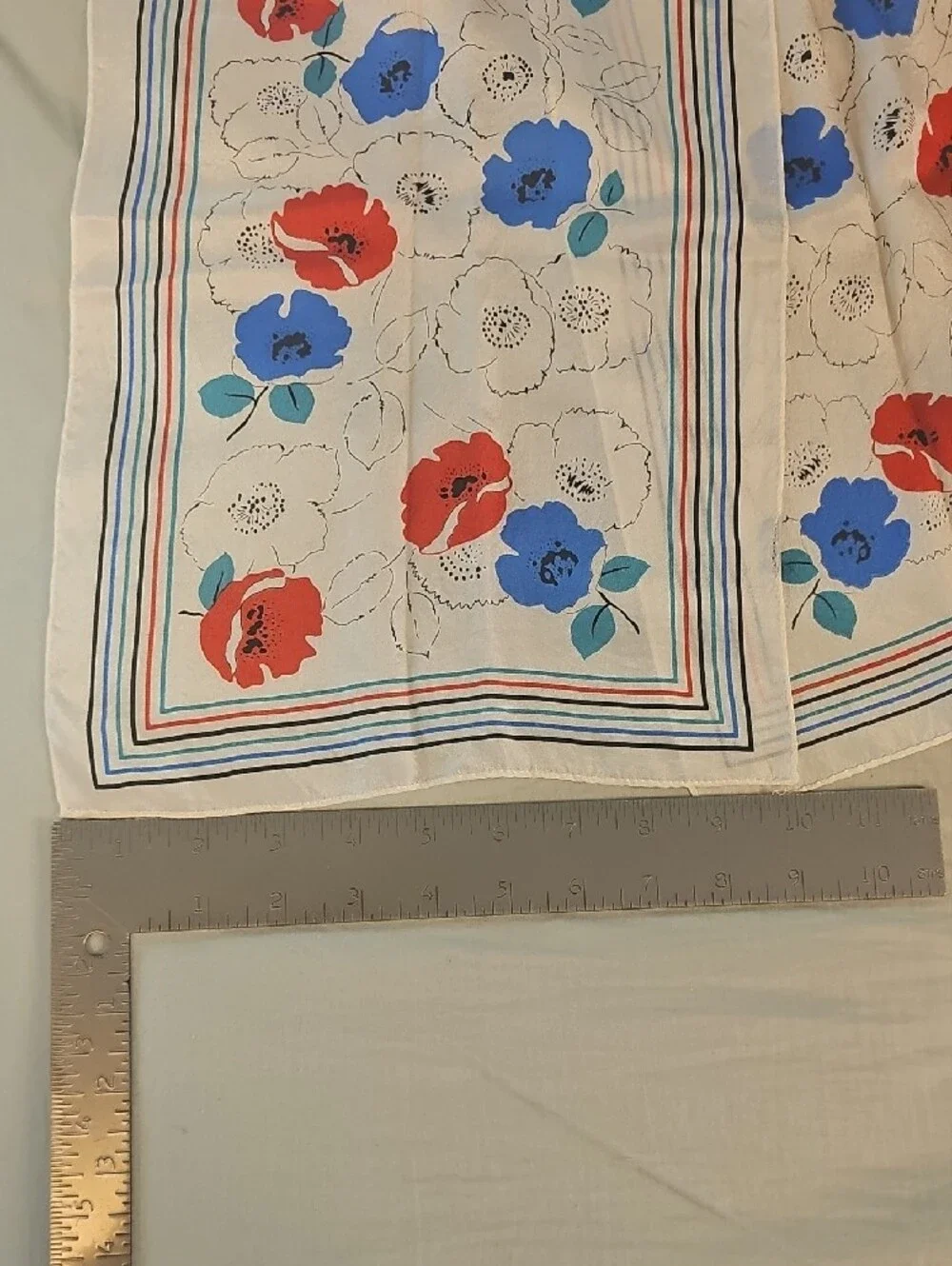 Vintage Silk Poppy Oblong Scarf Red White Blue Neckerchief
